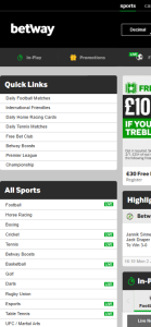 Betway sports betting homepage with quick links to football, horse racing, and more