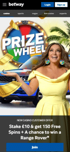 Join Betway mobile casino: 150 free spins + win a Range Rover