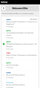 Select your Betway sign up offer from casino or sports