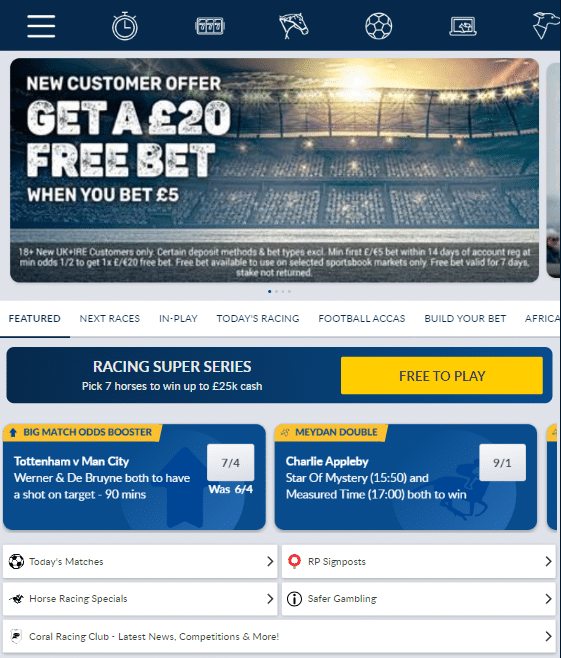 desktop website for Coral UK sportsbook