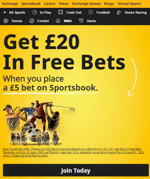 Betfair UK get 20 in free bets in the sportsbook