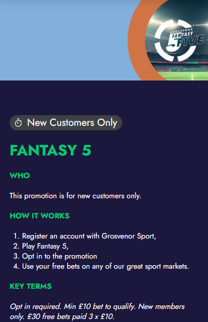 grosvenor fantasy five new customer offer