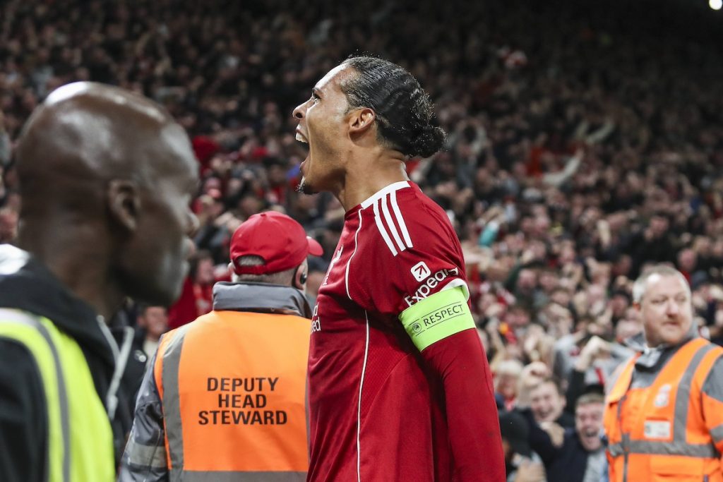 Every Second Media Liverpool captain Virgil van Dijk celebrates scoring in the Champions League on September 17 2025