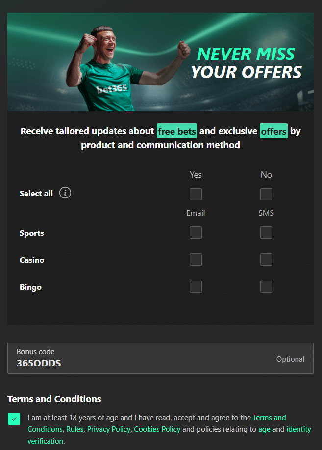 registration steps to claim the bet365 sign up offer