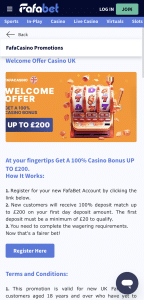 Fafabet casino welcome offer