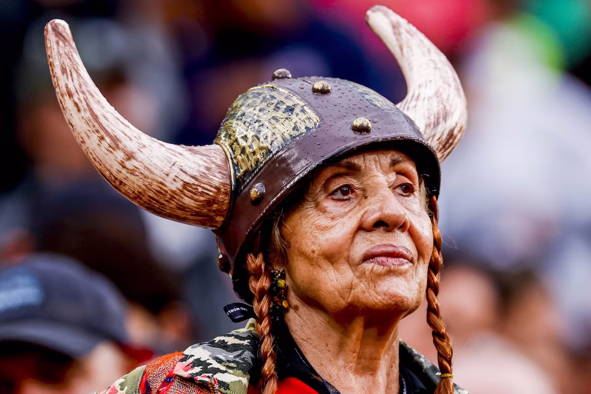 A Norway fan wearing a Viking helmet before the FIFA World Cup 2026 Group I match between Norway and Senegal at New York New Jersey Stadium on June 22, 2026