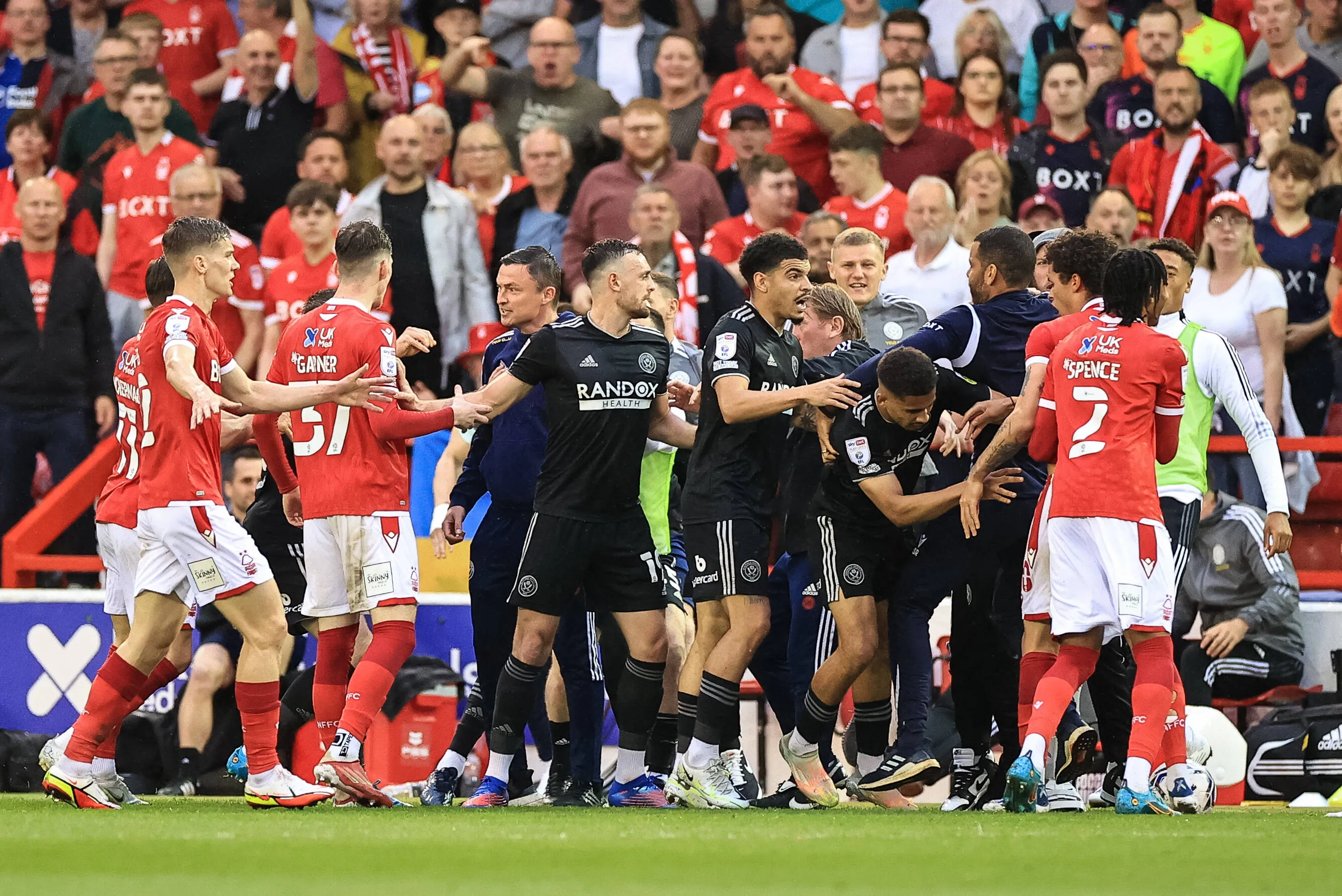 Scenes on the bench after an altercation between Paul Heckingbottom manager of Sheffield United and Djed Spence of Nottingham Forest