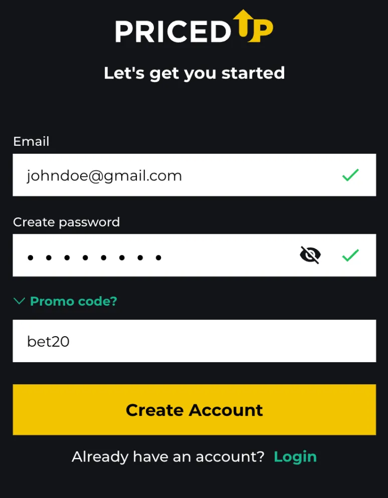 Priced Up registration form with promo code BET20 entered