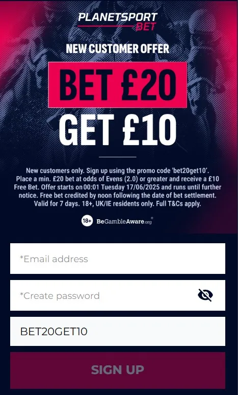 planet sport bet new customer offer: bet 20 get 10 free bet