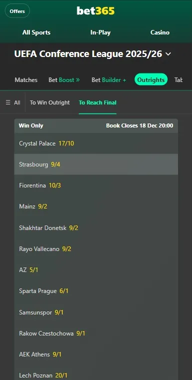 Bet365 odds Uefa conference league 2025/26