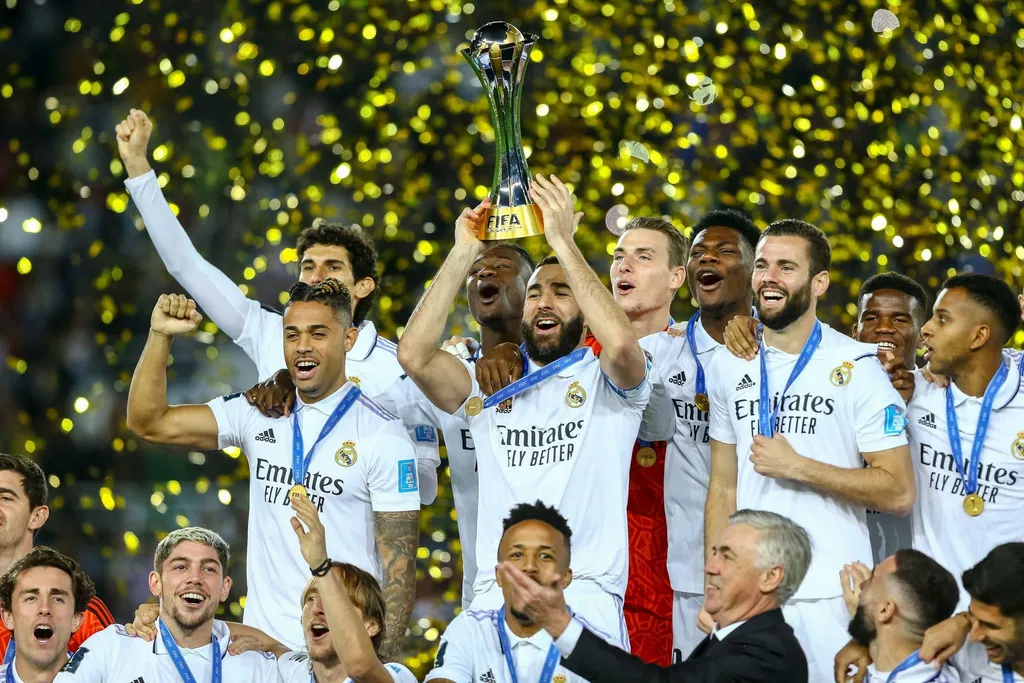 Karim Benzema lifts the Club World Cup trophy at Prince Moulay Abdellah Stadium which could be one of the Morocco 2030 World Cup stadiums