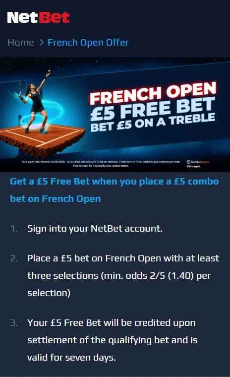 NetBet French Open free bet: Bet &pound;5, get &pound;5 free