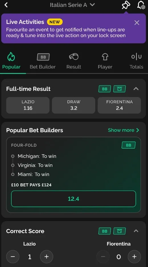 SBK popular bet builder feature, mobile app screenshot