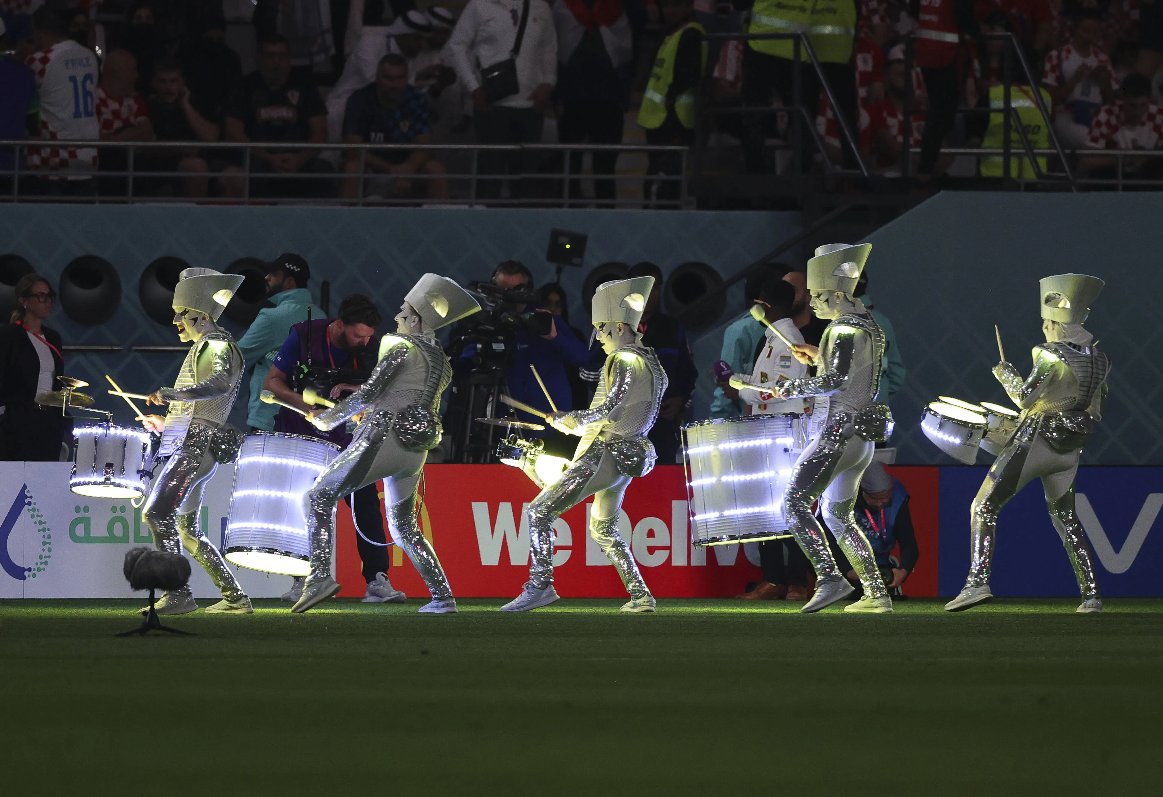 Drummers during the half-time show of the 2022 World Cup third place play-off match between Croatia and Morocco at Khalifa International Stadium