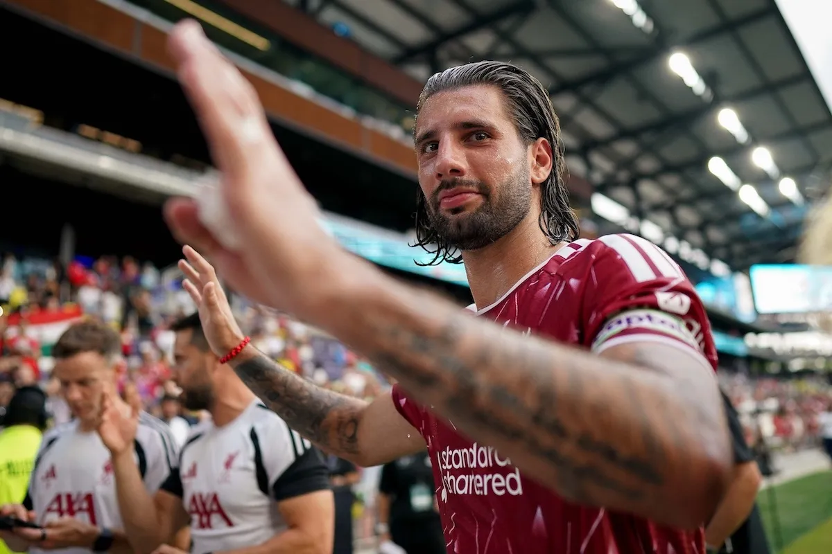 Liverpool's Dominik Szoboszlai gesturing to fans after a pre-season match on July 25, 2026