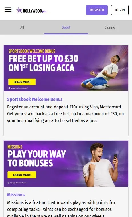 Hollywoodbets sport promotions page on mobile with its sportsbook welcome bonus