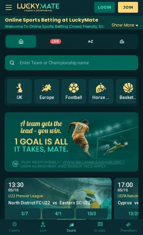 LuckyMate sportsbook on mobile with football odds
