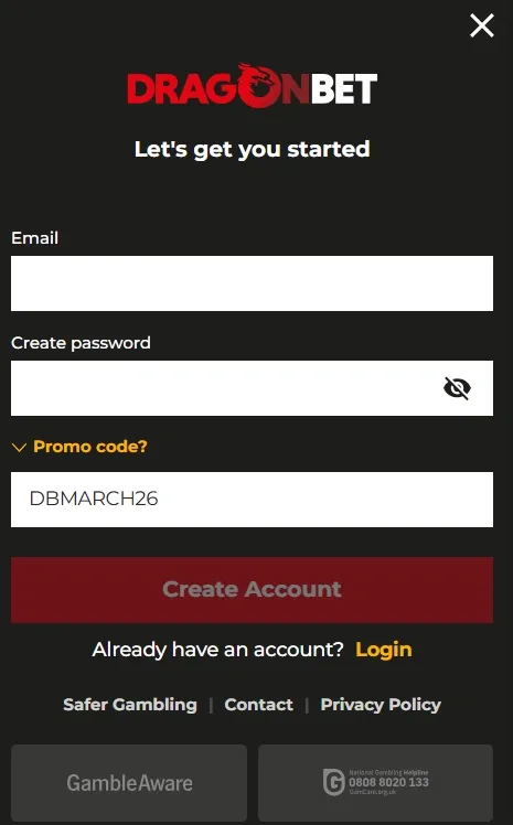 dragonbet sign up form, new customer