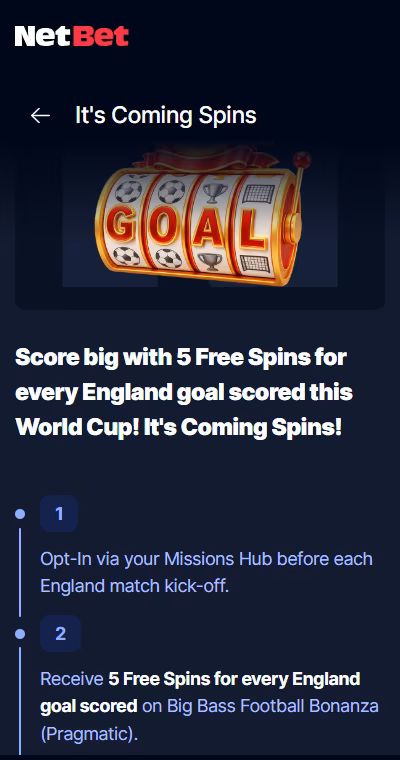 NetBet It's Coming Spins: free spins for every England goal