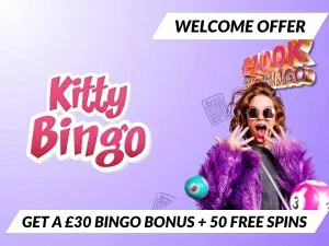 Kitty Bingo welcome bonus (2025): Sign up for 50 free spins & £30 in free bingo play