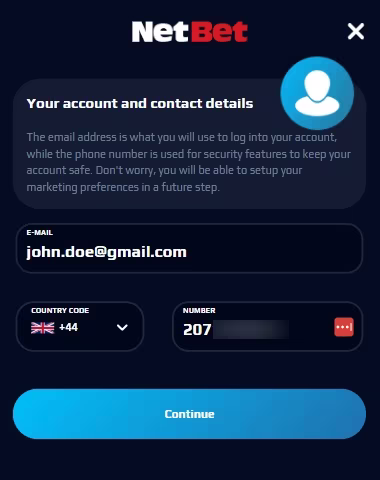 NetBet sign up process Step 1