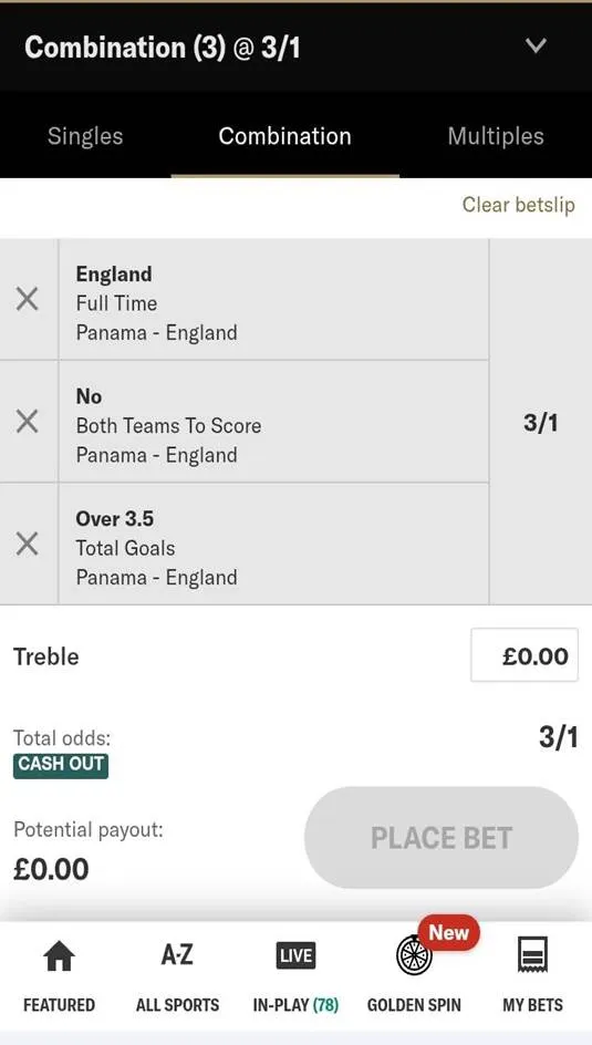 betmgm sportsbook bet builder: England Panama, 3 combinations