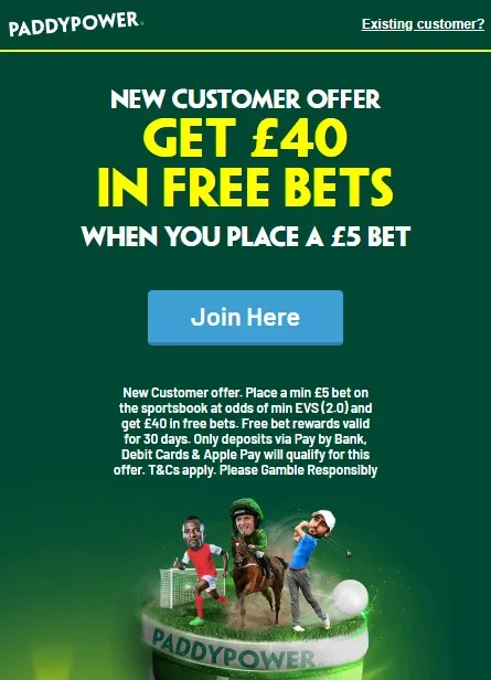 paddy power low-deposit free bet offer: bet &pound;5, get &pound;40 in free bets