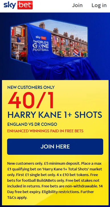 Sky Bet England vs DR Congo offer
