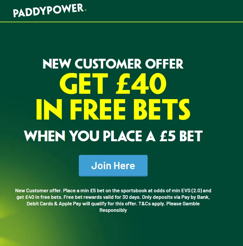 Paddy power welcome offer get 40 in free bets