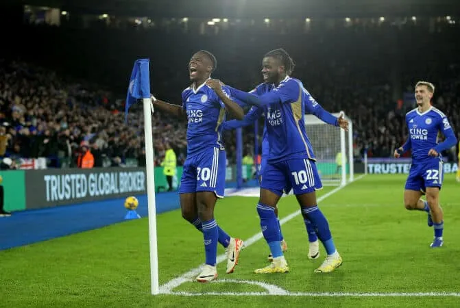 [atson Daka celebrates goal for Leicester City