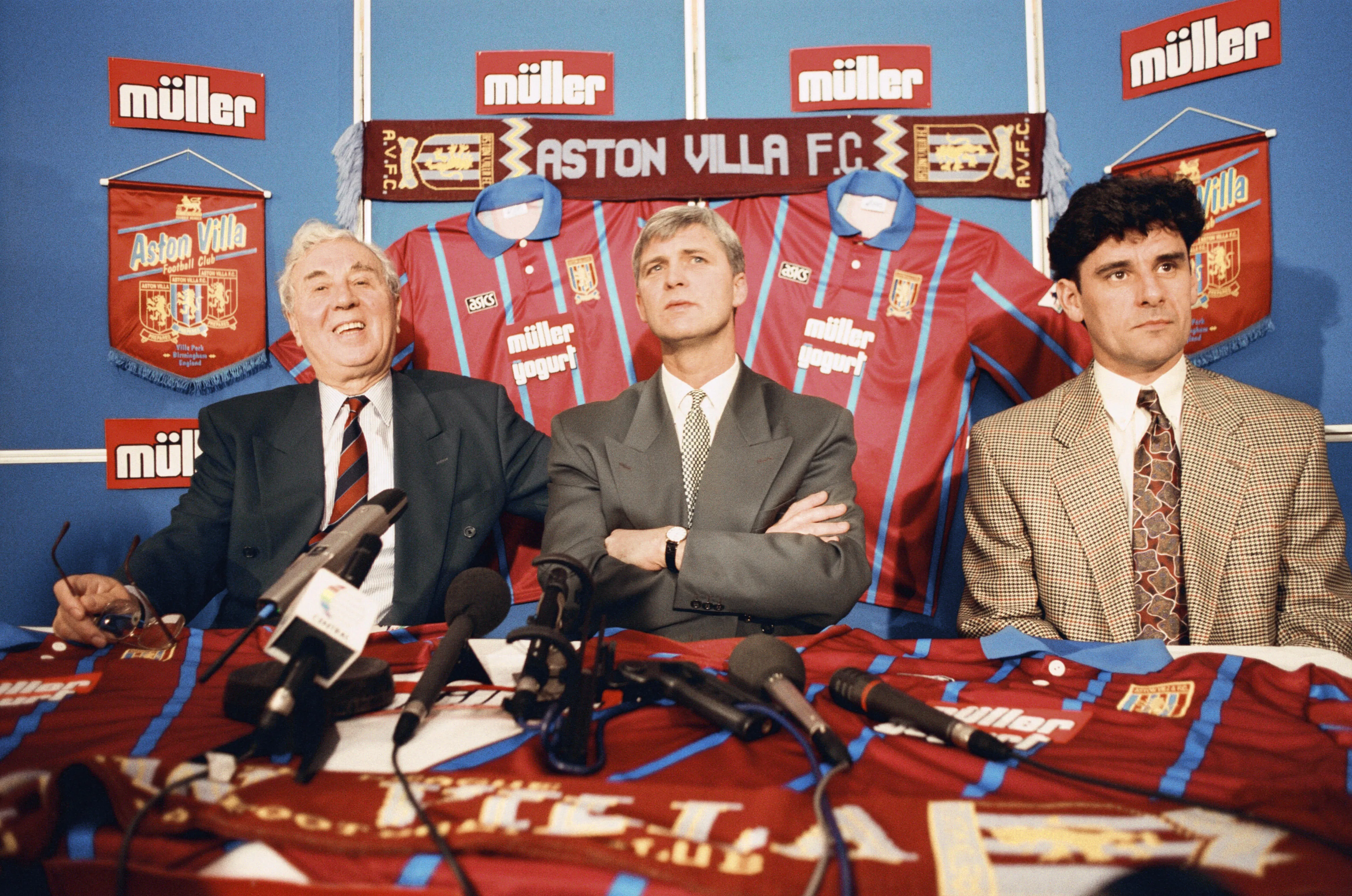 Brian Little is unveiled as Aston Villa's new manager. He is pictured with Doug Ellis (left) and his assistant at Leicester, John Gregory. 25th November 1994.