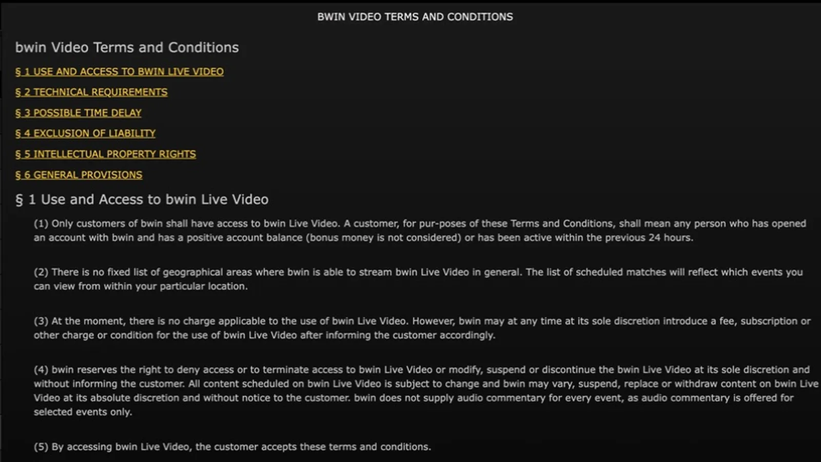 bwin Live Video terms stating access requires a positive non-bonus account balance or activity in the previous 24 hours