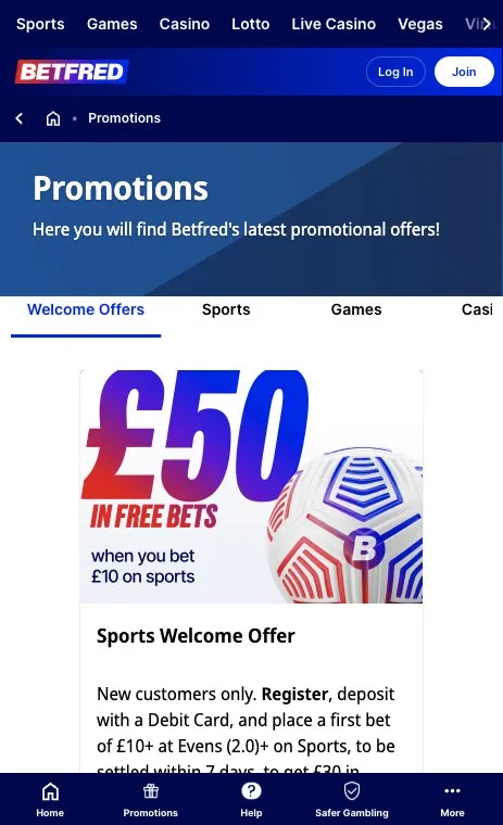 Betfred promotions page on mobile with its sports welcome offer
