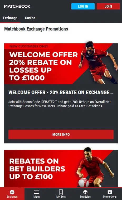 Matchbook exchange promotions page on mobile