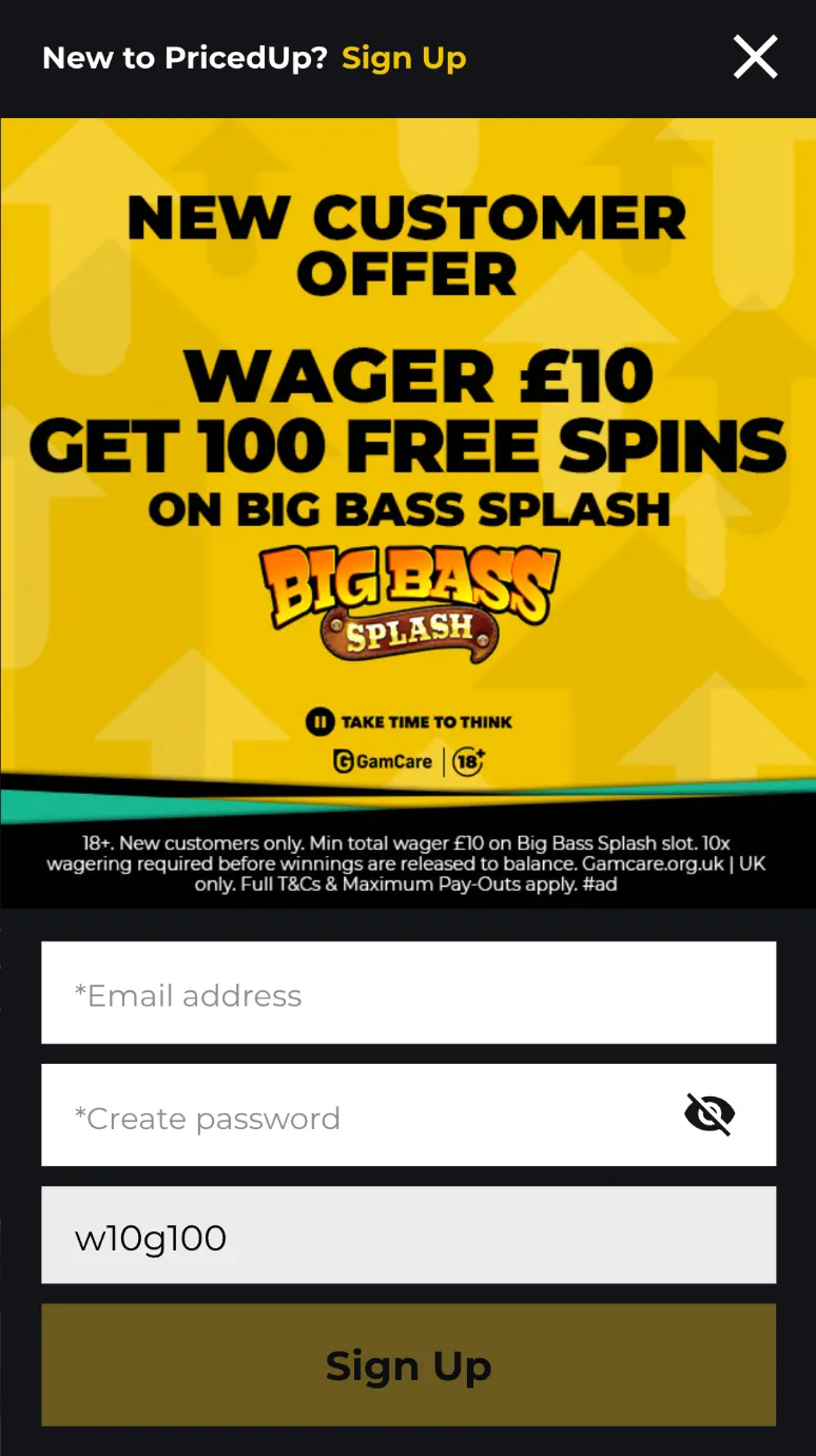 Priced Up casino welcome offer: wager &pound;10, get 100 free spins on Big Bass Splash