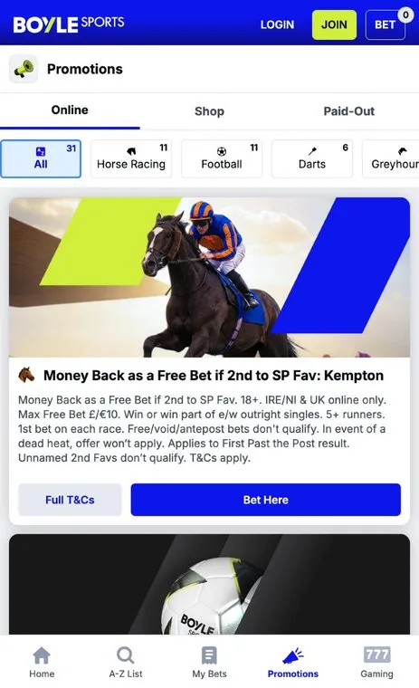 BOYLE Sports promotions page on mobile