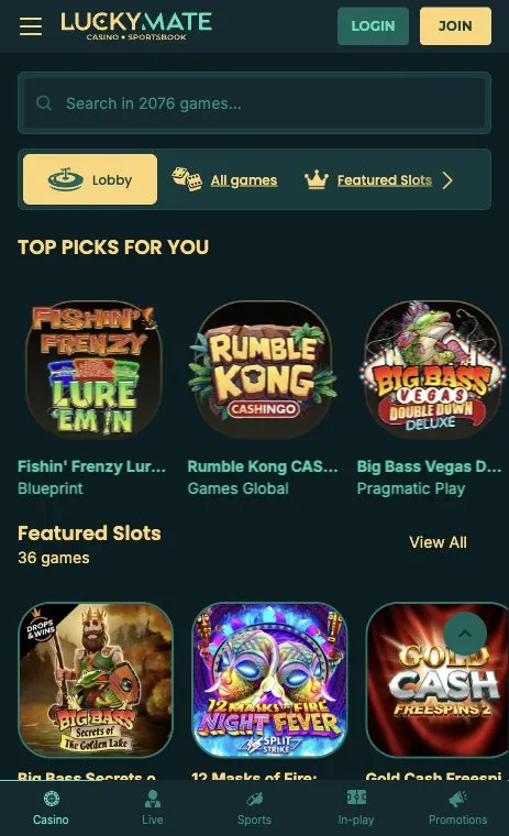 LuckyMate casino lobby with top slot picks on mobile