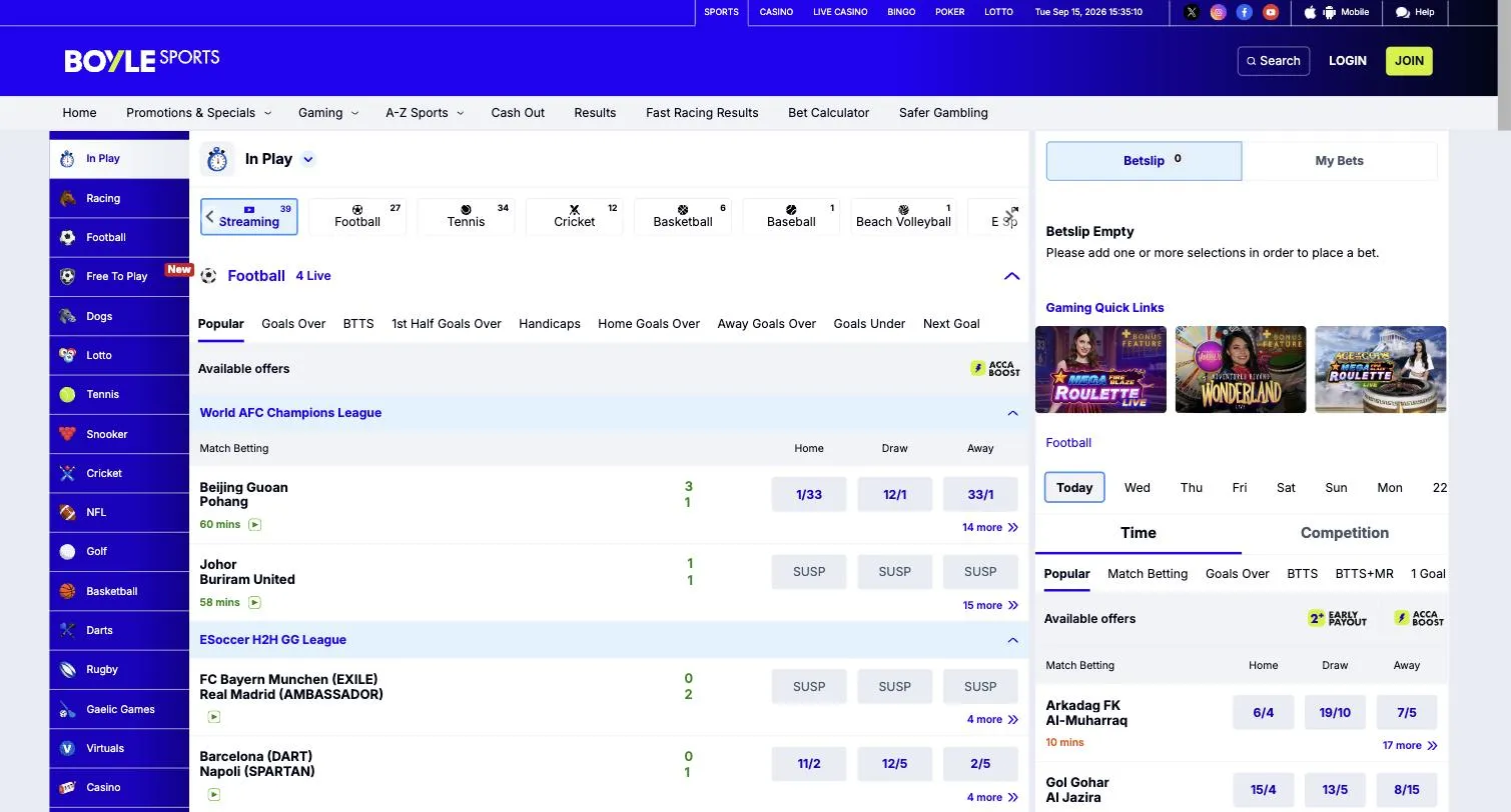 BoyleSports in-play page showing the Streaming tab with 39 live events available to watch