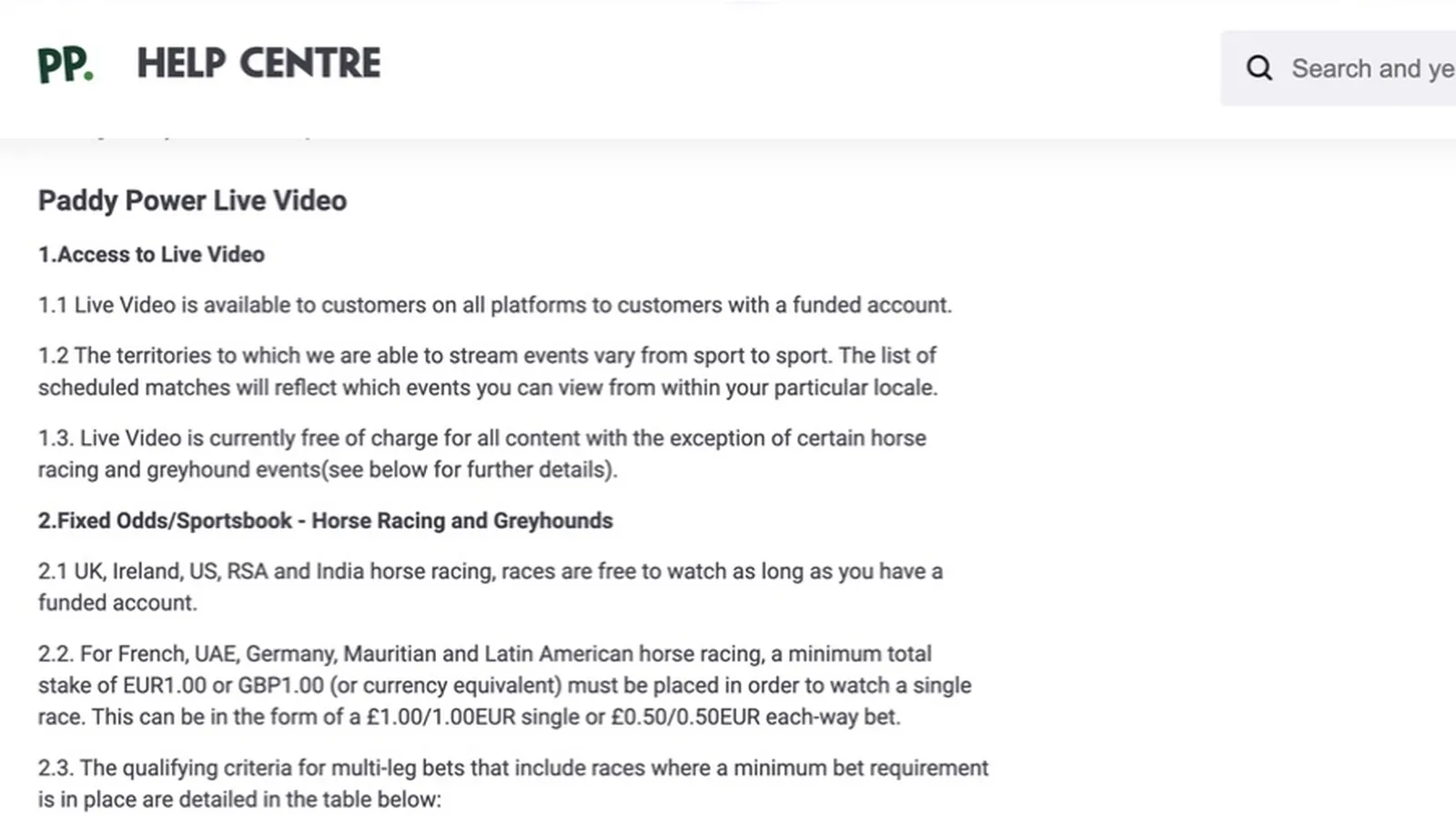 Paddy Power general terms stating Live Video is available to customers with a funded account