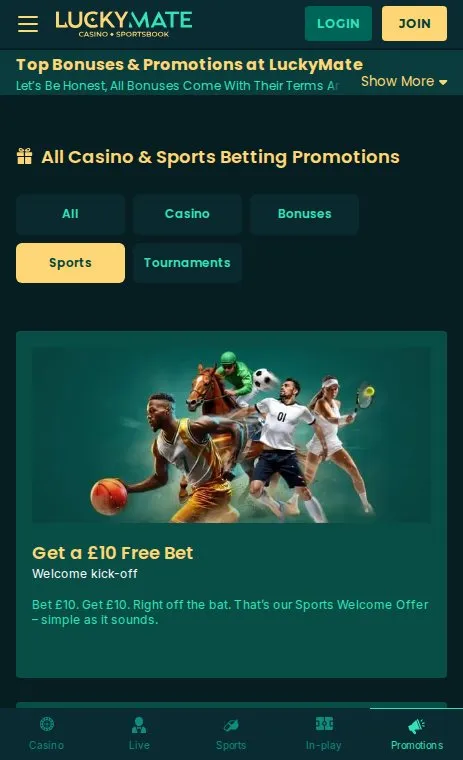 LuckyMate sports promotions page on mobile with its free bet welcome offer