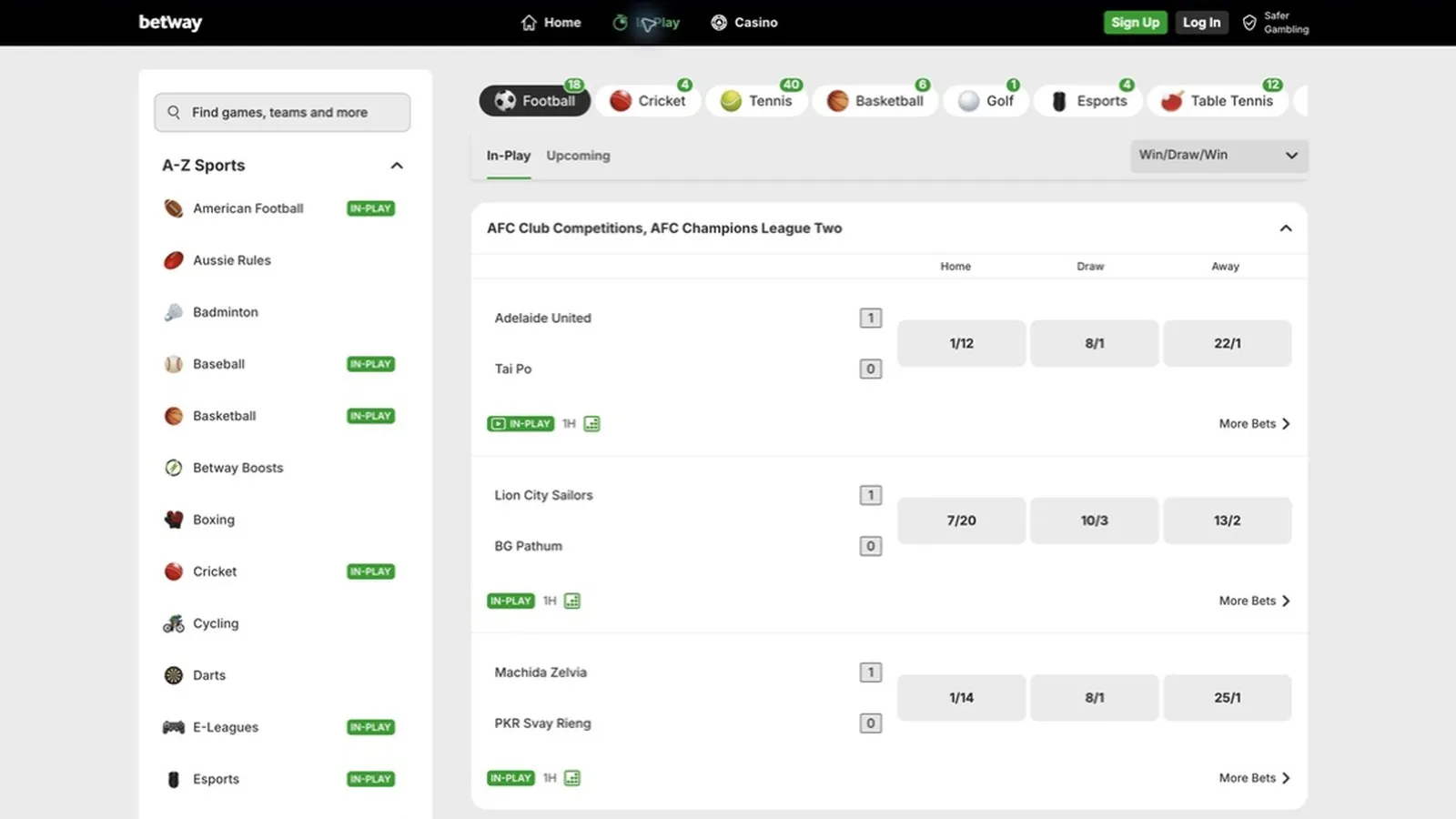 Betway in-play page showing live football matches with the in-play play icon on each event