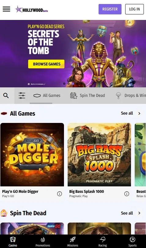 hollywoodbets review, casino section mobile site preview