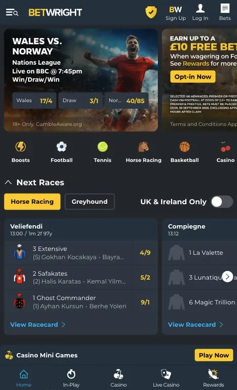 BetWright mobile homepage with its promotions carousel