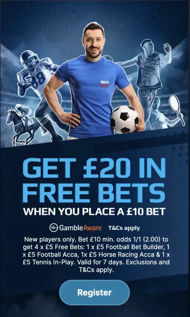 netbet sports welcome offer bet 10, get 20 free bets