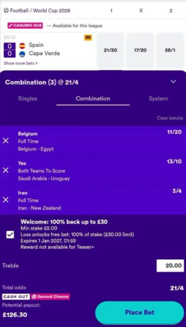 Casumo betting markets and features: bet on the World Cup and 30+ sports