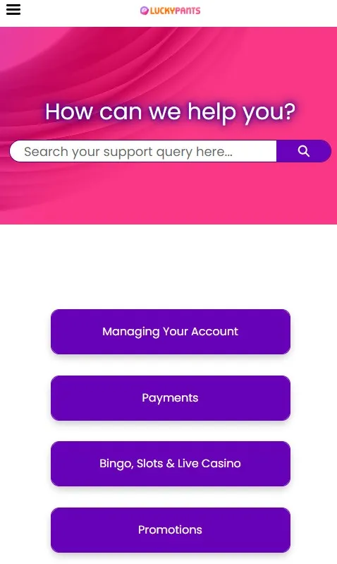 lucky pants bingo customer support page