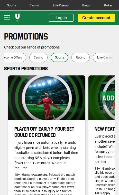 Unibet sports promotions page on mobile