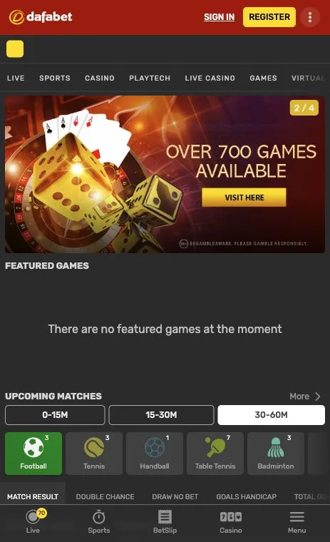 Dafabet UK mobile homepage