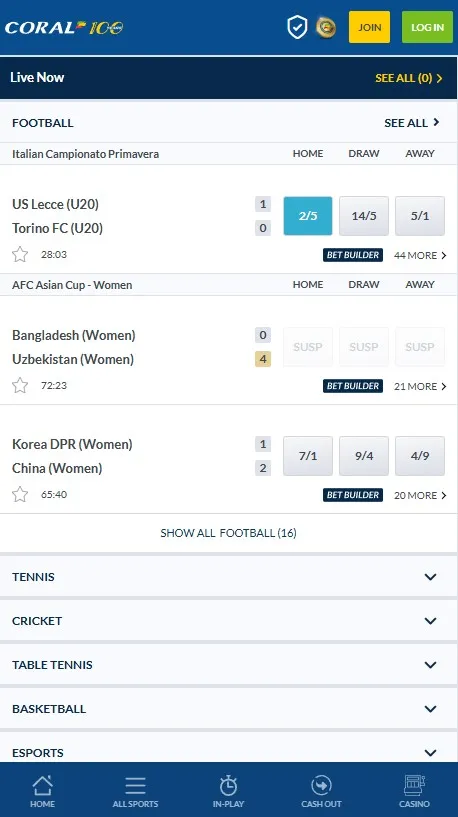 coral sportsbook review: in-play section