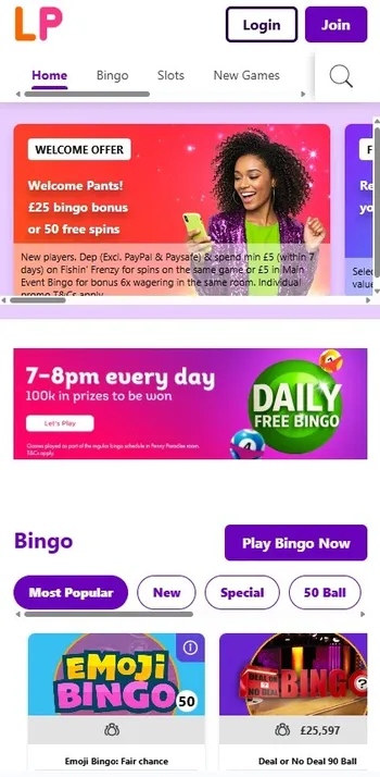 Lucky pants bingo homepage and offers